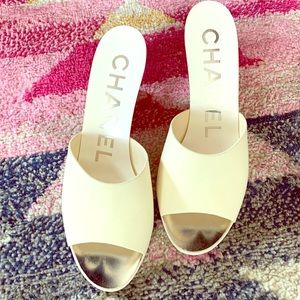 Chanel wooden leather wedges